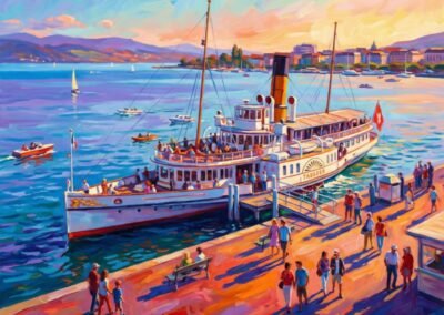 Peinture à l’acrylique d'Hugo Eckener montrant le port de Nyon vu d'en haut. On y voit des voiliers amarrés, des maisons aux toits orangés et l'église. Couleurs vives, style graphique aux contours nets avec des montagnes bleutées à l'horizon.