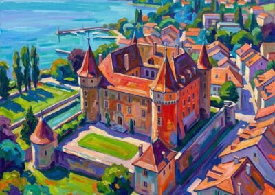 Cette cinquième œuvre clôture la série avec une majesté qui sied parfaitement à l'histoire de notre artiste. En choisissant de peindre le Château de Nyon sous cet angle, Hugo Eckener réconcilie définitivement sa maîtrise technique et sa sensibilité d'homme épris de paix. Voici la proposition pour cette pièce magistrale : 🏷️ Titre : La Sentinelle de Paix — Nyon, Numéro 8 Texte Alternatif (Alt) : Peinture à l’huile d’Hugo Eckener représentant le Château de Nyon vu d'en haut. Le château aux murs ocre et toits pointus domine le bourg et le lac Léman. Style architecturé avec des touches de vert luxuriant et des ombres violettes. Perspective aérienne dynamique.