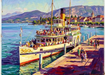 Peinture à l’huile d’Hugo Eckener représentant un bateau à vapeur de la CGN accosté au quai de Nyon. Style post-impressionniste aux couleurs vives (bleu, jaune, violet), ombres marquées sur le béton, montagnes du Jura en arrière-plan sous un ciel lumineux.