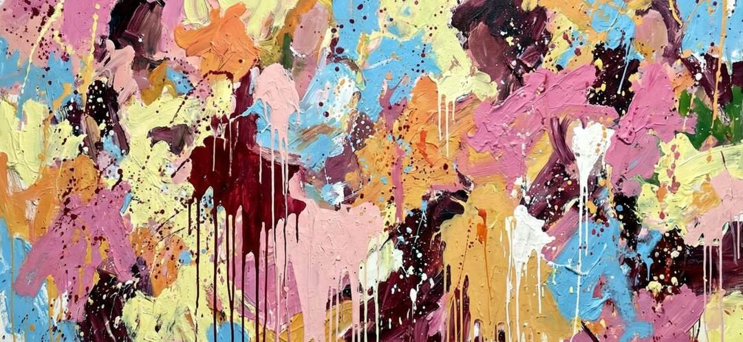 Détail : peinture abstraite Anja Dallenbach impasto épais coulures couleurs rose jaune bleu bordeaux expressionnisme identité féminine artiste femme.