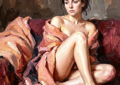 Portrait artistique à l'huile d'une femme nue assise sur un canapé bordeaux, partiellement drapée d'un tissu rose saumon, avec un regard mélancolique tourné vers le bas.
