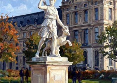 Paris réinventé, un parc avec la statue de la déesse grecque Artemis. C’est une sorte d’autoportrait (clin d’œil humoristique). Toile commencée en 2025, finie en 2026.