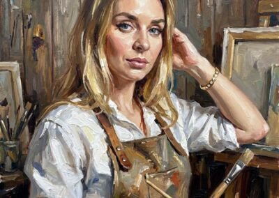 Un autoportrait de l’artiste suissesse Artemis Irenäus von Baste. Elle est en tenue de travail avec son tablier en cuir et tient ses pinceaux à la main. Elle se montre ici, pour la deuxième fois, dans l’atelier Koronin, à Pontault-Combault, chez Philippe Morin Koronin.
