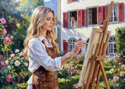 Ein Selbstporträt der Schweizer Künstlerin Artemis Irenäus von Baste. Sie trägt Arbeitskleidung mit einer Lederschürze und hält ihre Pinsel in der Hand. Sie befindet sich in einem Garten in Chur und scheint Blumen zu malen. Eine blonde Frau, wahrscheinlich Natascha Vallélian, ist an einem der Fenster zu sehen.