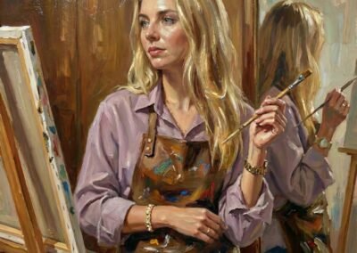 Dieses Ölgemälde der Künstlerin Artemis Irenäus von Baste zeigt sie bei der Arbeit. Artemis Irenäus. Sie befindet sich im Atelier Koronin in Pontault-Combault und steht mit dem Rücken zum Spiegel, in dem sie sich selbst sehen kann, um ihre Silhouette zu malen.