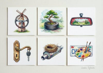 Une série de six dessins par Lenka Sojkaia. Des objets du quotidien liés au transport et au passage sont transformés : un volant devient un moulin, un pneu accueille un bonsaï, un rétroviseur devient un théâtre, une clé fleurit sur une poignée, un nid repose sur un pot d'échappement et une plaque minéralogique se change en palette de peintre.