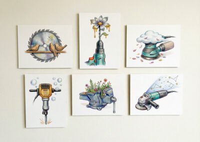 Une composition murale de six illustrations signées Lenka Sojkaia. Des outils de chantier (scie, perceuse, ponceuse, marteau-piqueur, étau et meuleuse) sont détournés poétiquement : des oiseaux remplacent les dents d'une lame, une fleur jaillit d'un foret, et des constellations s'échappent d'une machine.