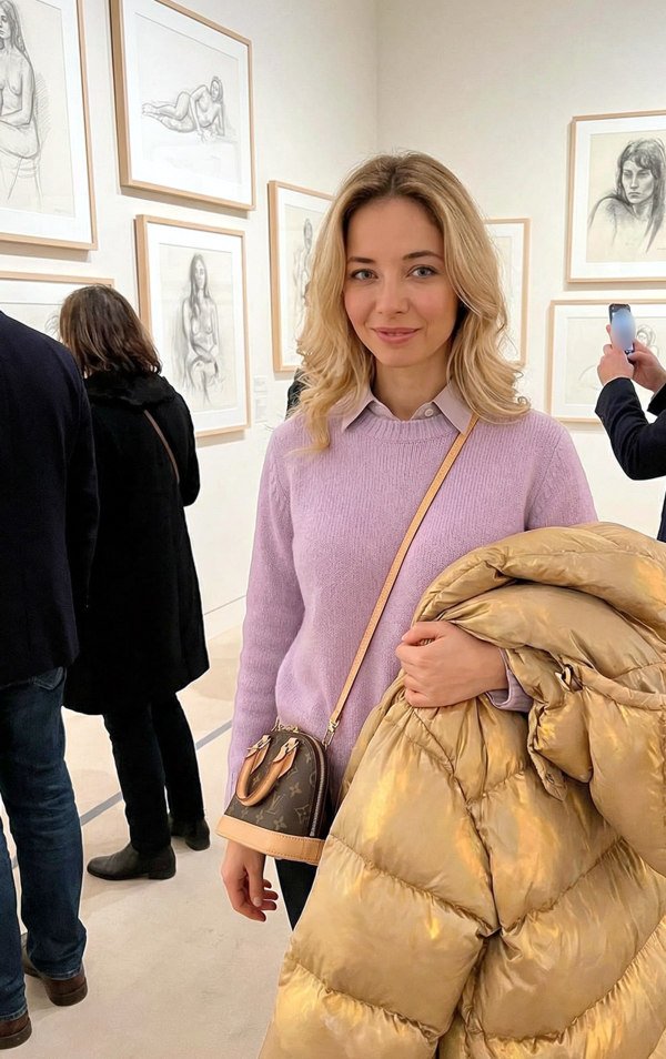 Photo de Natascha Vallélian dans une galerie d'art. Natascha porte sa doudoune dorée.