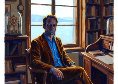 Autoportrait de Hugo Eckener, artiste peintre, dans son bureau bibliothèque, lumière naturelle.