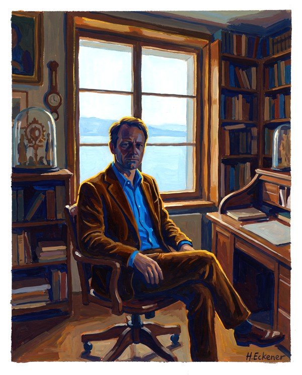 Autoportrait de Hugo Eckener, artiste peintre, dans son bureau bibliothèque, lumière naturelle.