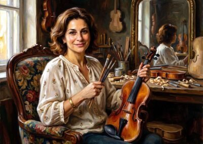 Autoportrait de Vestara Psod dans son atelier de lutherie, tenant un violon et des pinceaux.