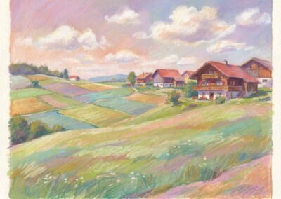 Village de montagne au printemps, Pâturages et chalets ou L'heure rose au village.