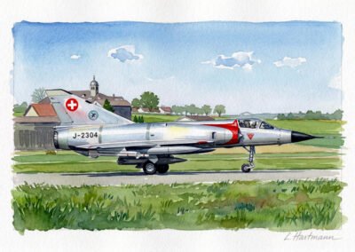 Peinture à l'aquarelle d'un Mirage III J-2304 de l'aviation suisse par Luca Hartmann pour la Galerie Koronin.