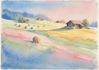 Une aquarelle de Luca Hartmann. Ce paysage pastoral montre un champ en pente parsemé de meules de foin cylindriques, menant à plusieurs chalets en bois typiques nichés contre une forêt.