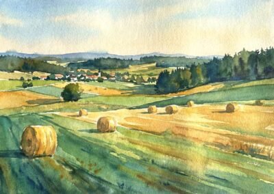 Paysage de moisson, Champs après la récolte ou Paysage vallonné aux meules.