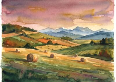 Crépuscule sur la moisson, Paysage alpin aux meules ou Fin de journée aux champs.