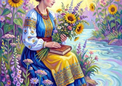 Peinture de Tupsa Katsiaryna Viatcheslav montrant une femme en costume traditionnel bleu et jaune, tenant un bouquet de tournesols et un livre au bord d'une rivière.