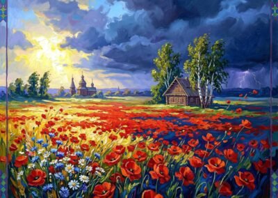 Peinture de Tupsa Katsiaryna Viatcheslav représentant un vaste champ de coquelicots sous un ciel d'orage spectaculaire, avec une petite église traditionnelle et une isba en bois au loin.