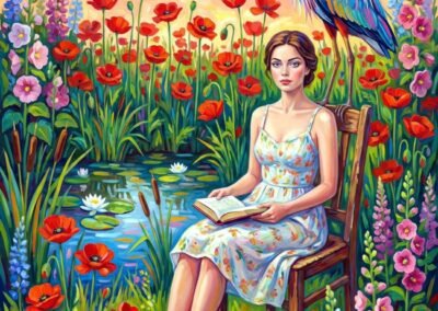 Peinture de Tupsa Katsiaryna Viatcheslav représentant une femme nue dans un étang, entourée de tournesols, de coquelicots et d'oiseaux colorés, avec un costume traditionnel slave posé sur une chaise.