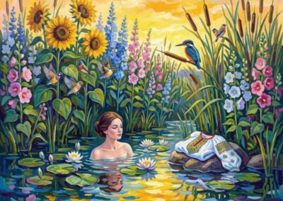 Peinture de Tupsa Katsiaryna Viatcheslav montrant une femme se baignant dans un étang fleuri avec une robe traditionnelle slave.