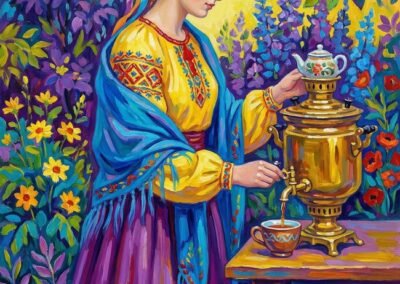 Peinture de Tupsa Katsiaryna Viatcheslav représentant une femme en costume traditionnel slave et couronne de fleurs, servant du thé avec un samovar doré dans un jardin luxuriant.