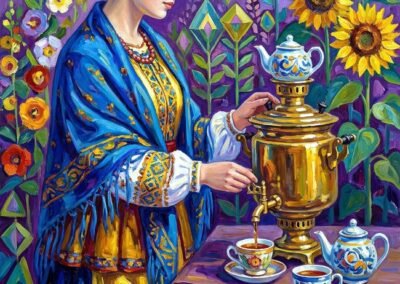 Peinture de Tupsa Katsiaryna Viatcheslav montrant une femme de profil portant un châle bleu brodé, servant du thé avec un samovar doré devant un champ de tournesols.