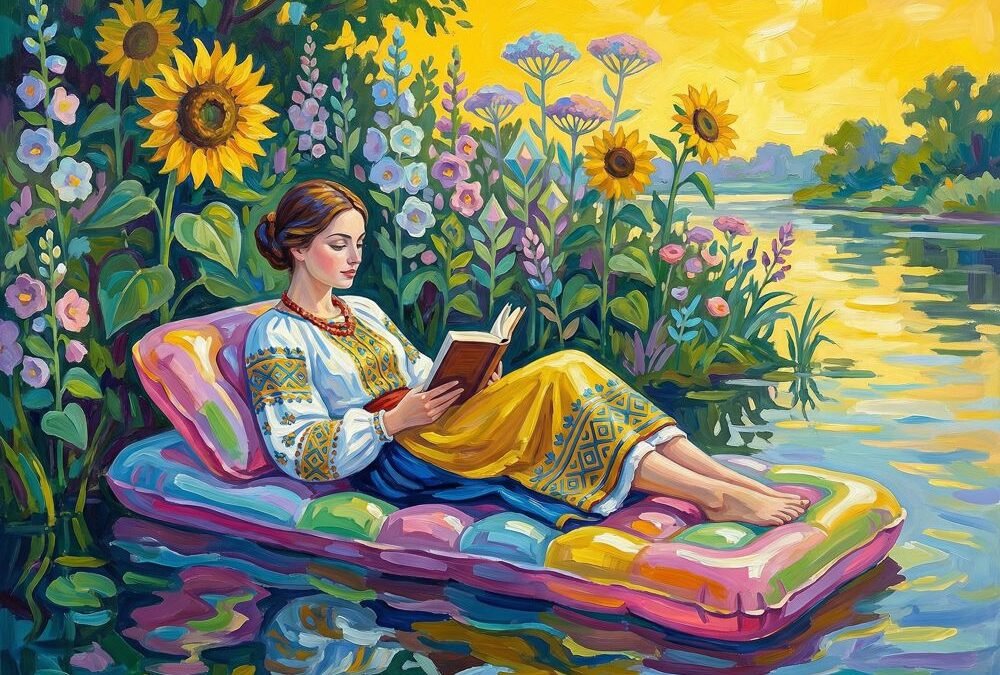 Peinture de Tupsa Katsiaryna Viatcheslav montrant une femme en costume traditionnel slave lisant un livre, allongée sur un matelas pneumatique multicolore dérivant sur une rivière calme.