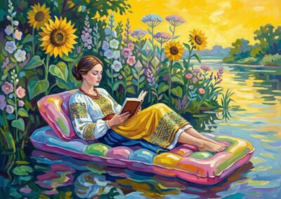 Peinture de Tupsa Katsiaryna Viatcheslav montrant une femme en costume traditionnel slave lisant un livre, allongée sur un matelas pneumatique multicolore dérivant sur une rivière calme.