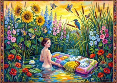 Peinture de Tupsa Katsiaryna Viatcheslav représentant une femme se baignant dans un étang entouré de tournesols, de coquelicots et d'oiseaux multicolores, avec une tenue traditionnelle posée sur un matelas pneumatique.