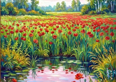 Paysage impressionniste de Tupsa Katsiaryna Viatcheslav représentant un champ de coquelicots rouges éclatants bordant un étang aux reflets roses sous un ciel pastel.