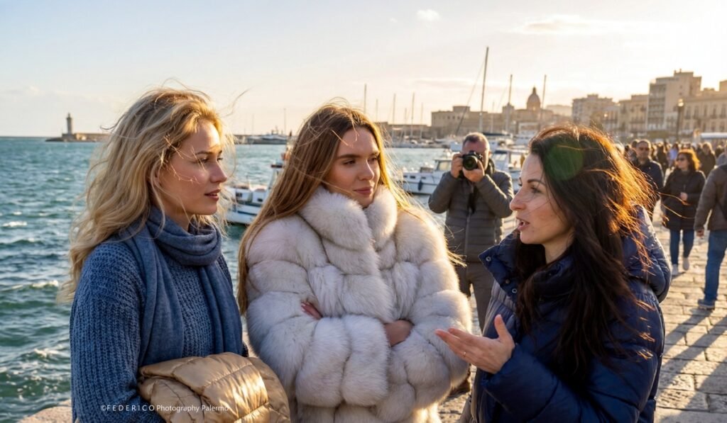 Kunstgalerie Palermo. Natascha Vallélian, Artemis Irenäus von Baste et Diane May de Golconde Buzance-Federico discutant du projet de la Galerie Koronin sur le port de Palerme en mars 2026.