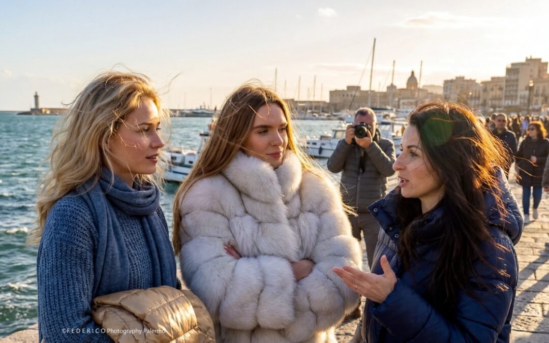 Kunstgalerie Palermo. Natascha Vallélian, Artemis Irenäus von Baste et Diane May de Golconde Buzance-Federico discutant du projet de la Galerie Koronin sur le port de Palerme en mars 2026.