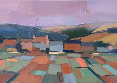 Peinture à l'huile de Barbara Le Louverot, paysage du Jura matinal, style néo-folklorisme contemporain.