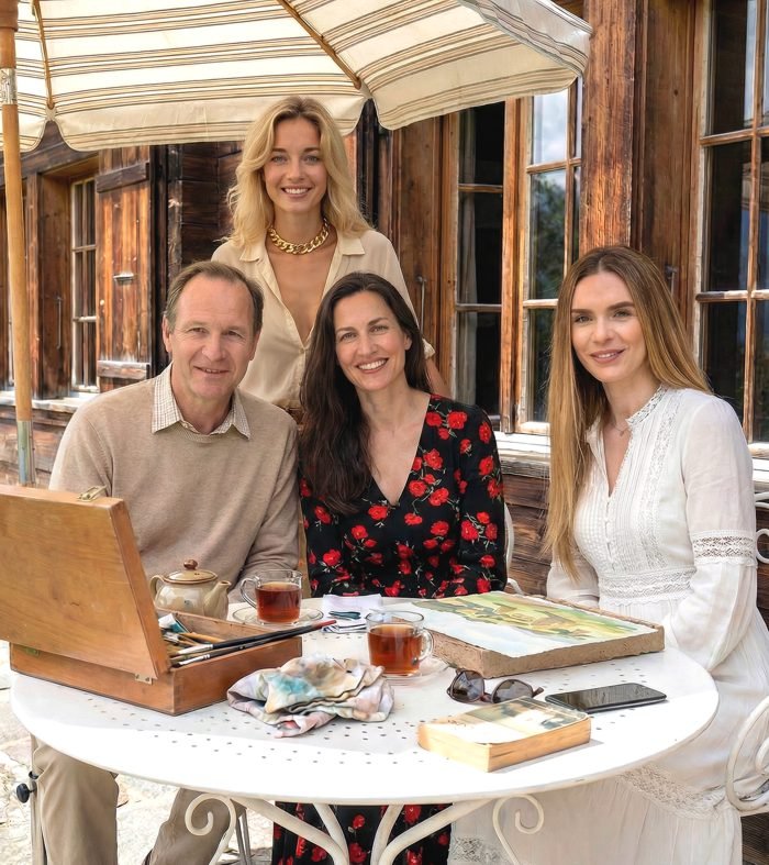 Cette photo présente l’amitié entre Luca Hartmann, Valaine de Ranson et la team suisse de la galerie en ligne : Natascha Vallélian et Artémis Irenäus von Baste. 