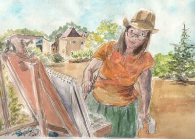 Autoportrait à l'aquarelle d'Isabelle Morin peignant en extérieur en Dordogne, été 2025.
