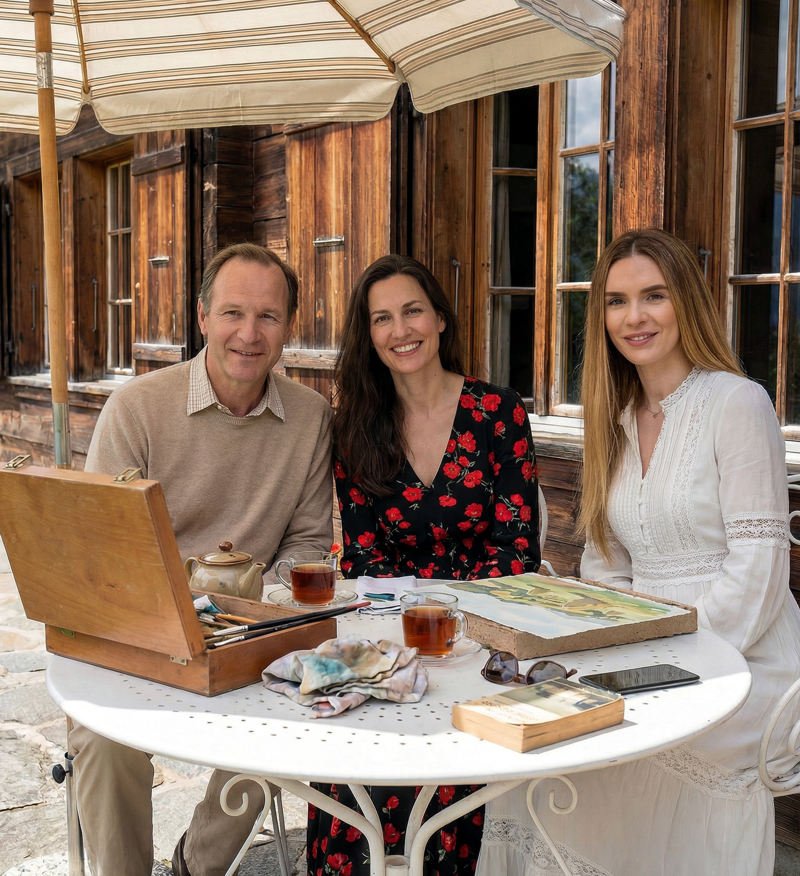 Rendez-vous convivial entre trois artistes plasticiens : Luca Hartmann (à gauche), Valaine de Ranson (au milieu) et Artemis Irenäus von Baste (à droite)