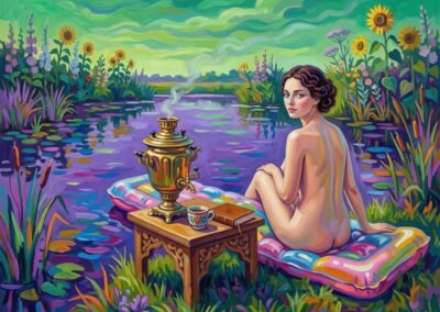 Peinture d'art de Tupsa Katsiaryna Viatcheslav : Un nu féminin de dos assise sur un matelas pneumatique coloré dans un étang de nénuphars, face à un samovar fumant sur une table sculptée, style néo-folklorisme contemporain.