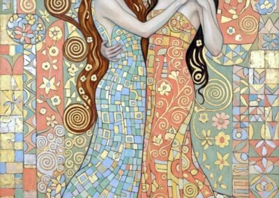 Peinture symboliste d'Anya Katarina Sokolova-Gassner représentant deux femmes enlacées dans une danse, vêtues de robes mosaïques colorées, style Art nouveau avec feuilles d'or.
