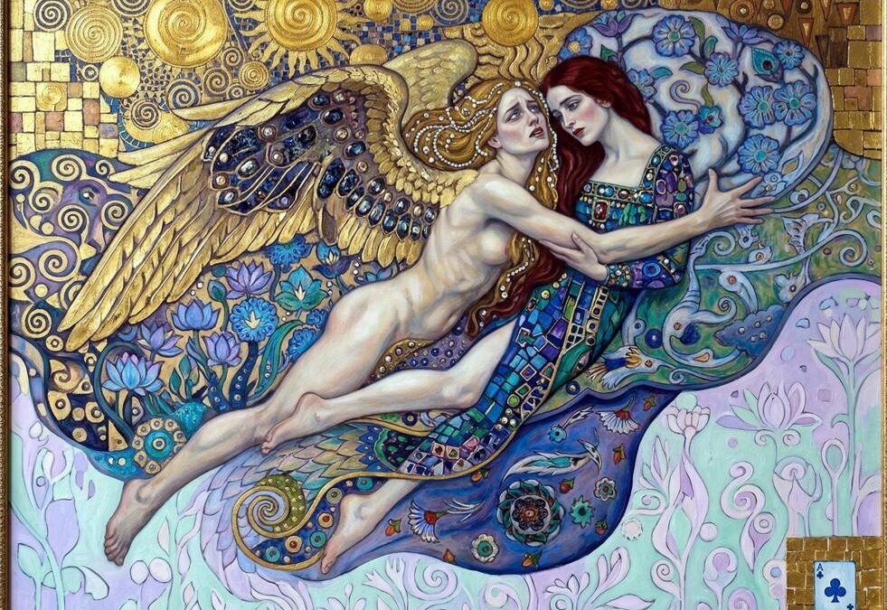 Peinture symboliste d'Anya Katarina Sokolova-Gassner montrant un ange féminin aux ailes dorées protégeant une femme aux cheveux roux, fond ornemental avec fleurs et motifs bleus.