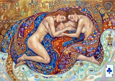 Peinture symboliste d'Anya Katarina Sokolova-Gassner : trois femmes nues endormies, enlacées au cœur de tapis aux motifs de mosaïques bleues, rouges et dorées.