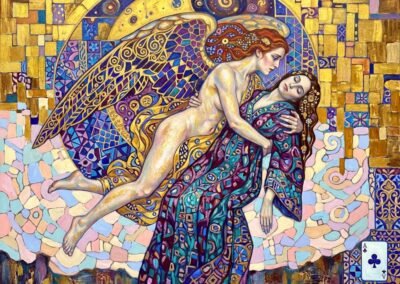 Peinture symboliste d'Anya Katarina Sokolova-Gassner : un ange féminin aux ailes mosaïques violettes et or porte une femme endormie ou évanouie, devant un grand disque lunaire, style Sécession.