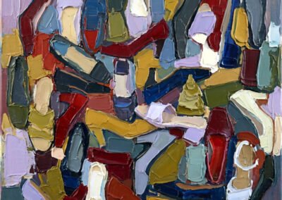 Peinture expressionniste au couteau montrant une accumulation de chaussures colorées dans un carton, illustrant le thème de l'autoportrait indirect.