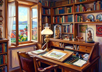 Intérieur d'un bureau-bibliothèque foisonnant avec une fenêtre ouverte offrant une vue imprenable sur le lac Léman et les Alpes.
