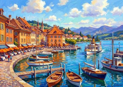 Peinture de Hugo Eckener, paysage suisse du lac Léman, style Néo-Folklorisme, port coloré et montagnes, atmosphère paisible et joyeuse.