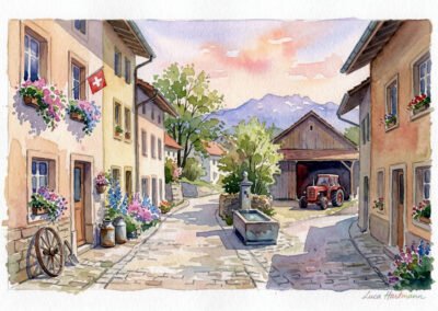 Aquarelle de Luca Hartmann, village suisse au printemps, ruelle fleurie avec fontaine et montagnes en arrière-plan, style Néo-Folklorisme.