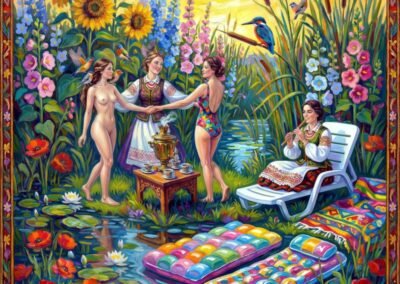 Peinture colorée de Tupsa Katsiaryna Viatcheslav, danse au bord d'un étang, style Néo-Folklorisme contemporain, samovar et fleurs géantes.