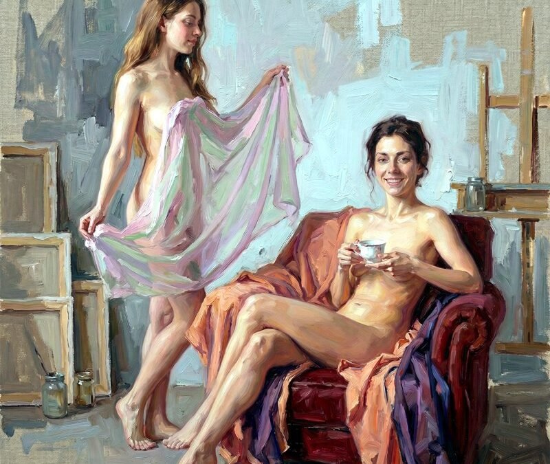 Peinture à l'huile de Valaine de Ranson, deux nus féminins dans un atelier d'artiste, style Néo-Folklorisme contemporain, sérénité et lumière douce.