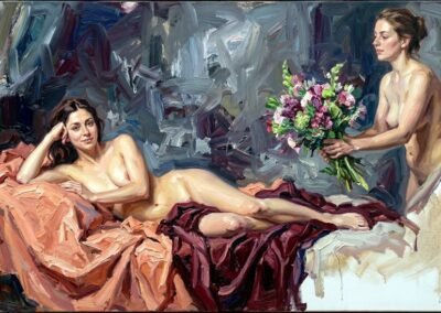 Peinture à l'huile de Valaine de Ranson, réinterprétation de l'Olympia de Manet, style néo-folklorique suisse 2026.