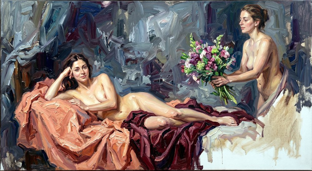 Peinture à l'huile de Valaine de Ranson, réinterprétation de l'Olympia de Manet, style néo-folklorique suisse 2026.