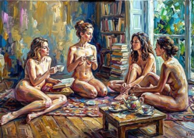 Quatre femmes partagent un moment de convivialité. Leur nudité les rapproche.